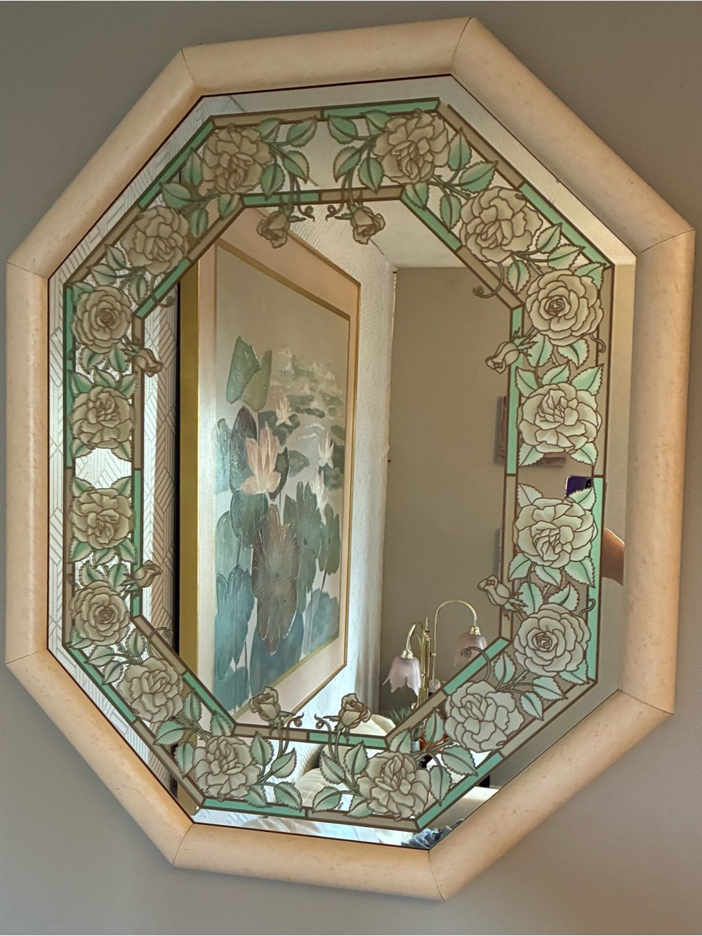 Vintage 80s Octagonal Floral Ren WiL inc Cream and Mint wall mirror .Rare